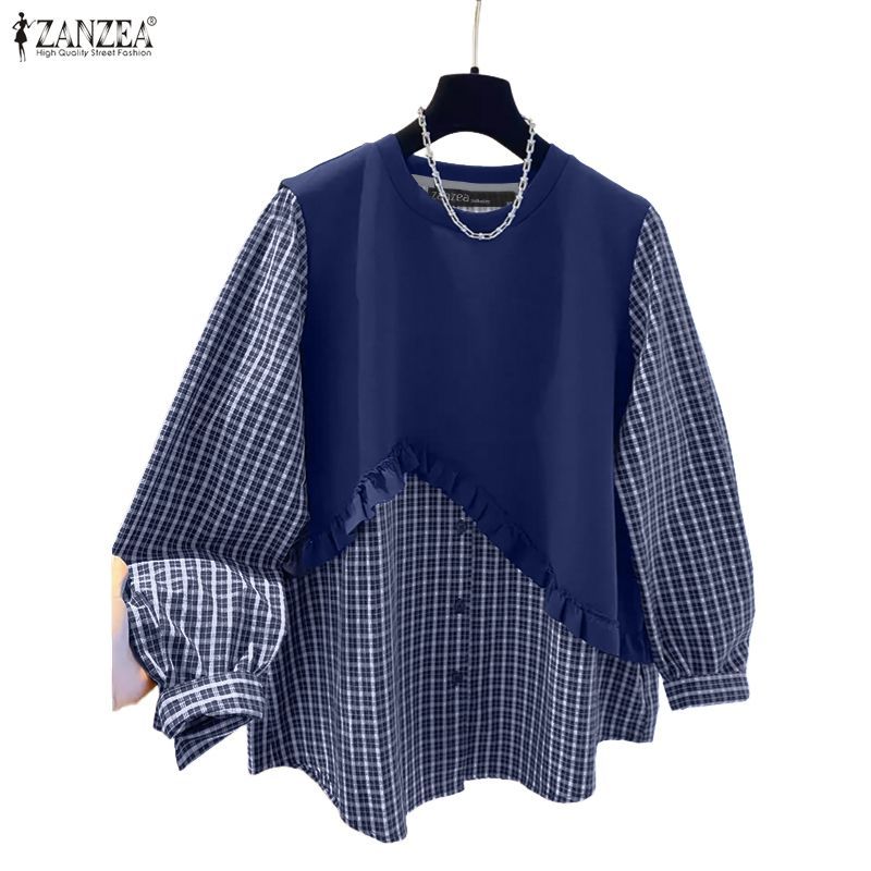 ZANZEA เสื้อเบลาส์แขนยาวหูไม้ ลายตารางหมากรุก สไตล์หรูหรา