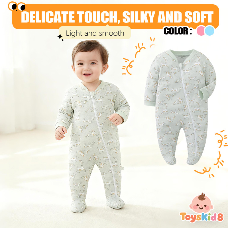 ชุดรอมเปอร์แขนยาวซิปรองเท้าสำหรับทารกดีไซน์พิมพ์เนียน สวมใส่ง่ายสำหรับเด็กแรกเกิดถึง 12 เดือน