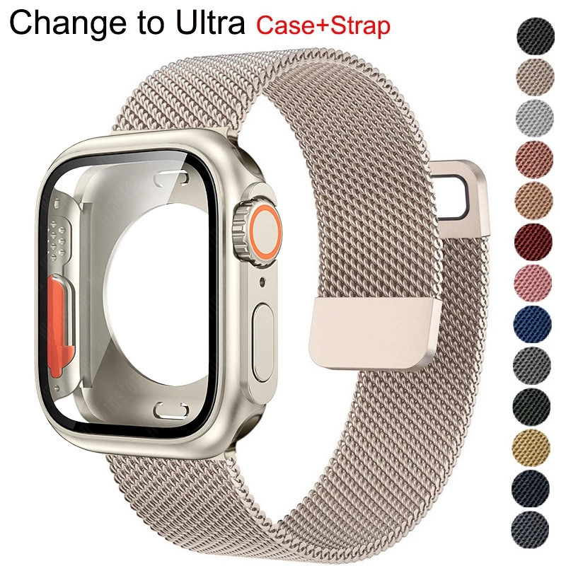 (13 สี) สายสแตนเลสโลหะ + อัพเกรดเปลี่ยนเป็นเคสอัลตร้าสําหรับ แอปเปิล ดู ชุด 11 10 9 8 7 6 5 4 กับ 46 มม. 42 มม. 40 มม. 41 มม. 44 มม. 45 มม.