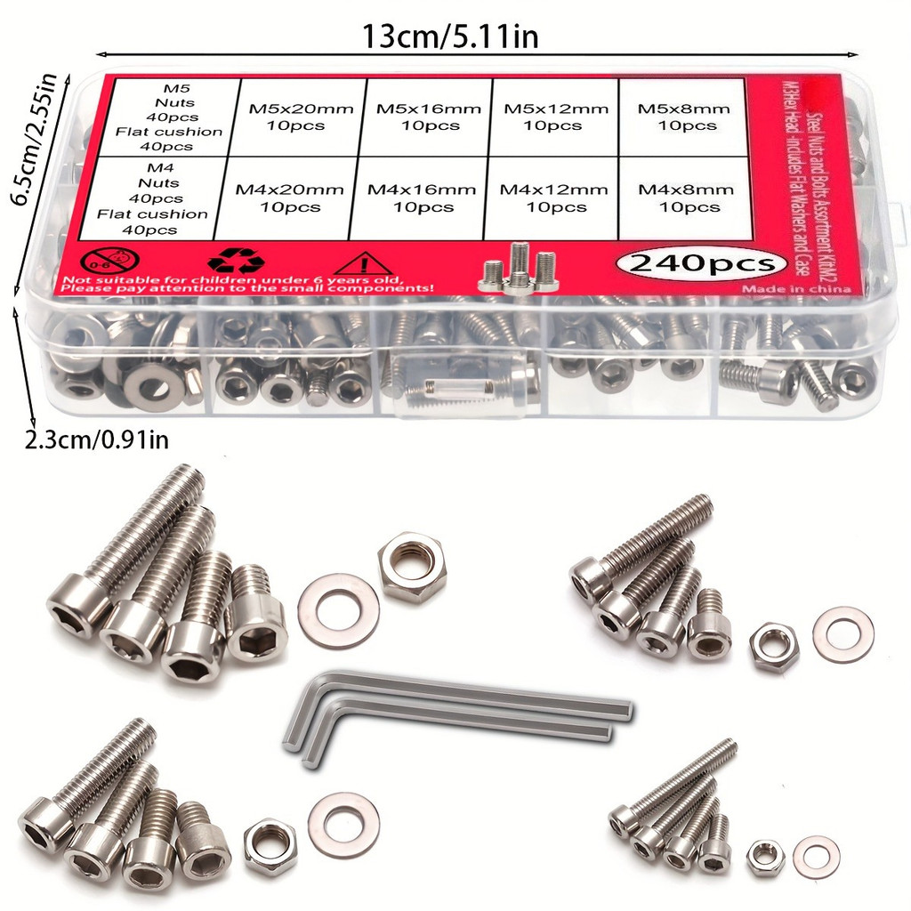 240 ชิ้น Hex Nut Bolt Set-รวม M2, M3, M4, M5 Hex Head Bolt และเครื่องซักผ้าแบบแบน