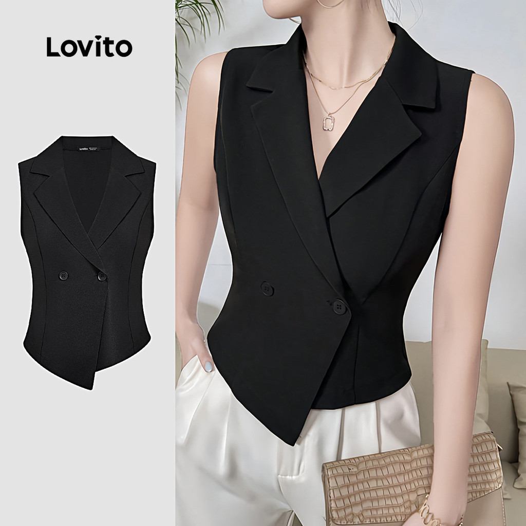 Lovito เสื้อเปิดไหล่ระดับหรู ดีไซน์ปุ่มด้านบน สำหรับผู้หญิงในฤดูใบไม้ผลิ/ฤดูร้อน สีดำ L137ED231