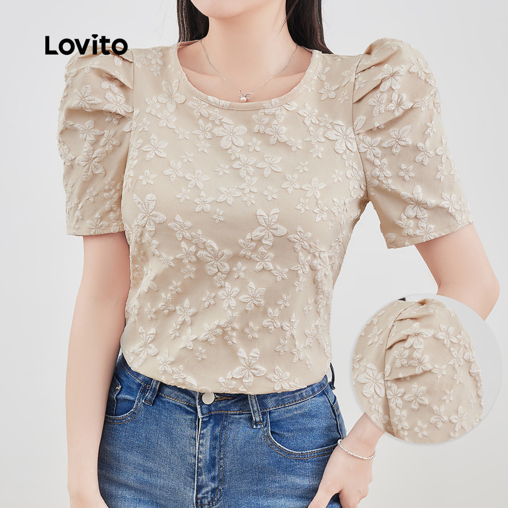 Lovito เสื้อเบลาส์ทรงโครงสร้างแจ็คการ์ดที่หรูหราสำหรับฤดูใบไม้ผลิ/ฤดูร้อนสำหรับผู้หญิง L137ED252