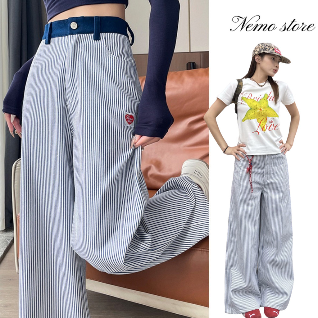 Nemo store🌸#NZ6088 กางเกงขายาวเอวสูง ดีเทลลายทางปักหัวใจ สไตล์มินิมอล