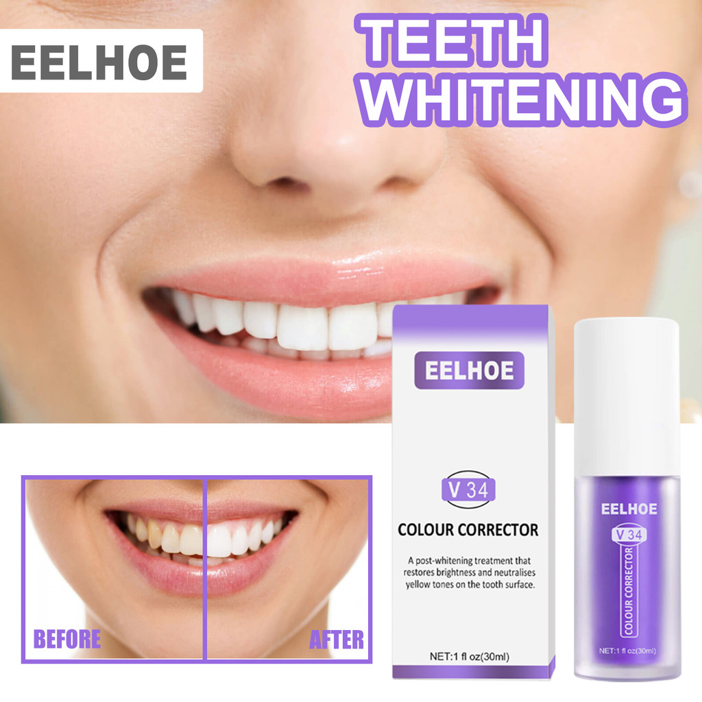 Eelhoe V34 สีฟันฟอกสีฟัน Oral Dazzling White ทําความสะอาดคราบฟันพราวฟันสีขาวสีฟันสีม่วง
