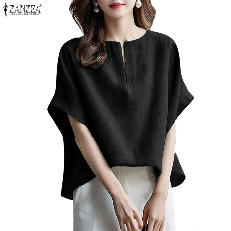 ZAANZE ผู้หญิงเสื้อเบลาส์หลวมแบบครัวเนค สไตล์เกาหลีเรียบหรู