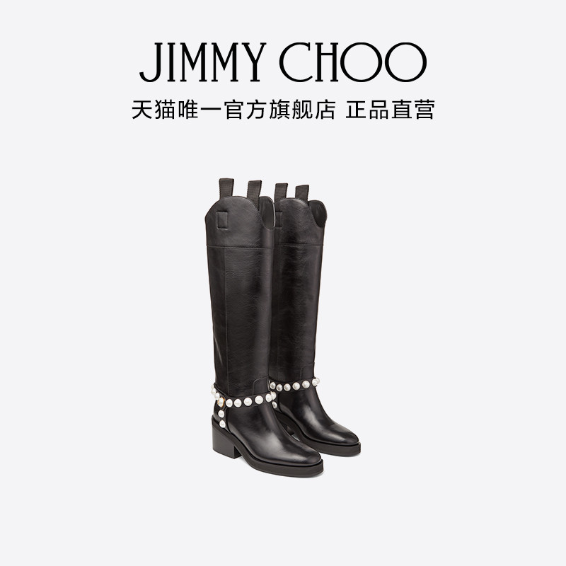 [Holiday Gift] JIMMY CHOO/TONYA/A 70 Pearl Black Retro Leather รองเท้าบูทยาวถึงเข่าผู้หญิง