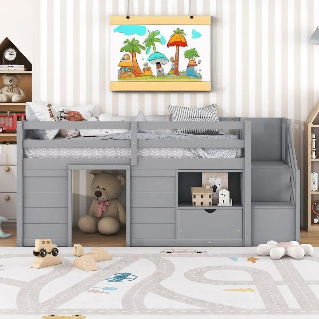 ในสต็อก Playhouse Loft Bed Frame พร้อมลิ้นชัก, ชั้นวางของ, ขั้นตอนและความปลอดภัย Guardrail สําหรับวั