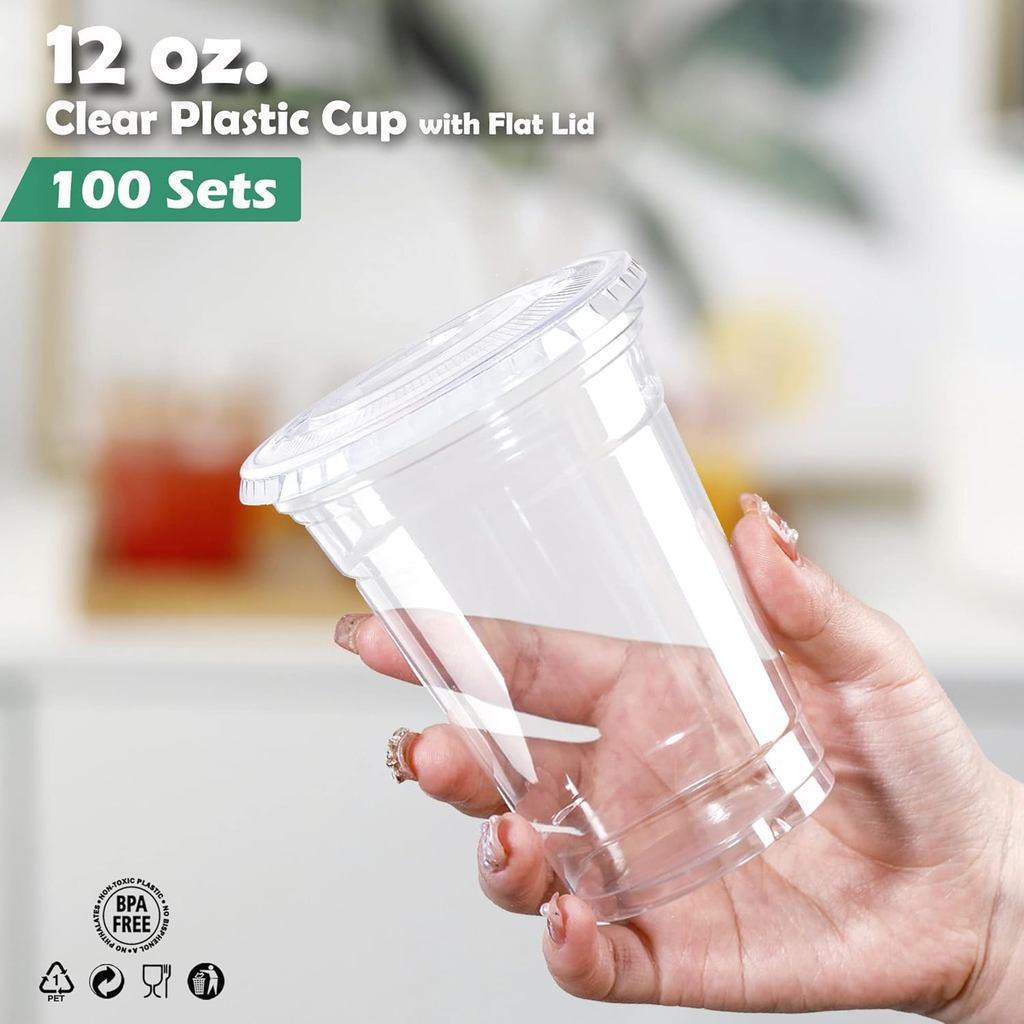 [100 Sets 12 Oz Plastic Cups with Lids, PET Crystal Clear Cups with Slotted Flat Lids, Popular Iced 