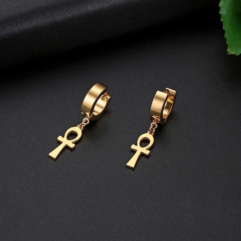 Ankh Cross Earrings for Men Women, Stainless Steel Egyptian Symbol Stud Earrings Dangle Hinged Pierc