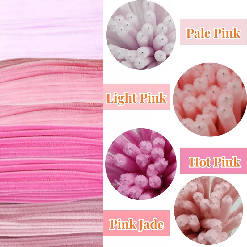 200 Pieces Pink Series Pipe Cleaners, Valentine's Mother's Day Pipe Cleaners, Pink Craft Pipe Cleane