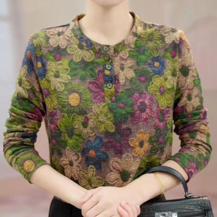 เสื้อแขนยาวลายดอกไม้สำหรับฤดูใบไม้ร่วงและหนาว สไตล์เรียบหรูแต่ยืดหยุ่น เหมาะสำหรับผู้หญิง