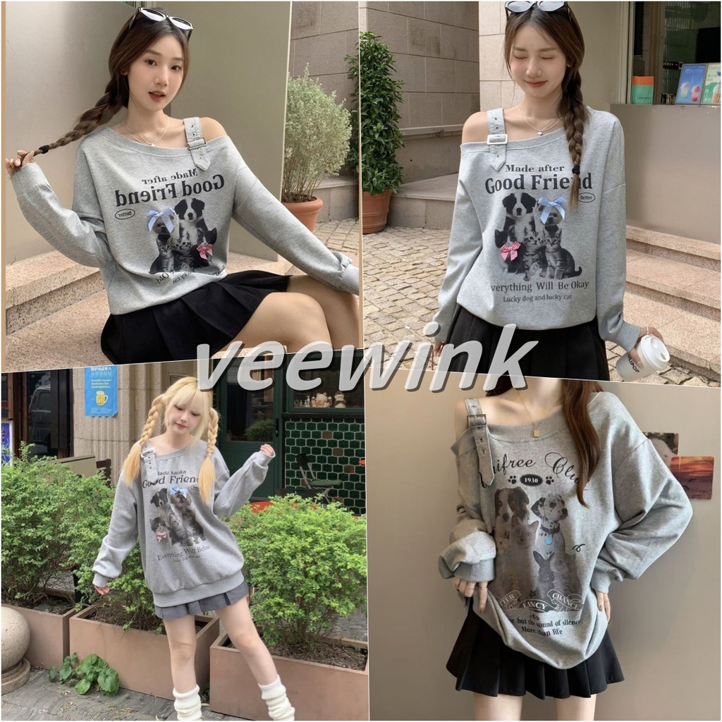 Veewink เสื้อสเวตเตอร์แขนยาว เปิดไหล่ ลายแมลงปอและสุนัข ผีเสื้อสามมิติ กระดุมโลหะ สไตล์เกาหลี