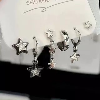 ซื้อ 3 แถม 1 คู่ต่างหู Star Moon Heart Block Zirconia ต่างหูสตั๊ดชุดสําหรับผู้หญิง