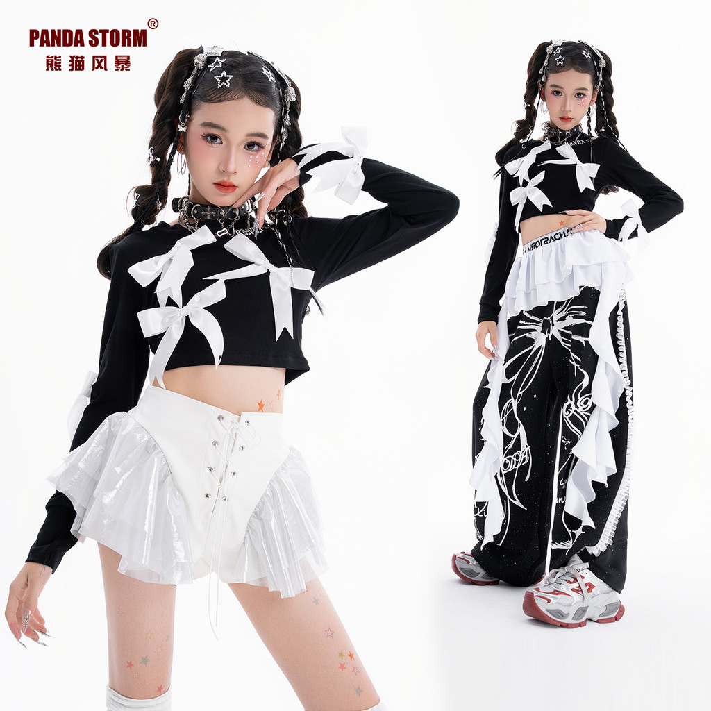 สาวแจ๊สแดนซ์เครื่องแต่งกายแจ๊สหวานเย็นโบว์เสื้อยืดแขนยาวกางเกงสูท/เด็กสตรีทแดนซ์ประสิทธิภาพเครื่องแต่งกาย