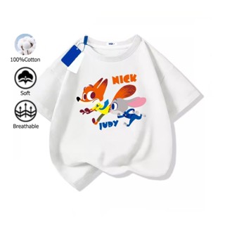 เสื้อยืดเด็ก Zootopia แขนสั้นพิมพ์ลายหลวมๆ น่ารักมาก