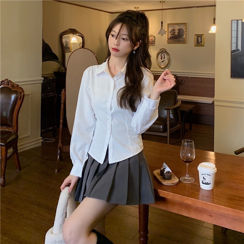 S-2XL เสื้อเชิ้ตสไตล์ญี่ปุ่นสุดคูล สำหรับผู้หญิง แขนยาว ระบายเอว ดูคลาสสิก พร้อมเสื้อเชิ้ตคอกลม