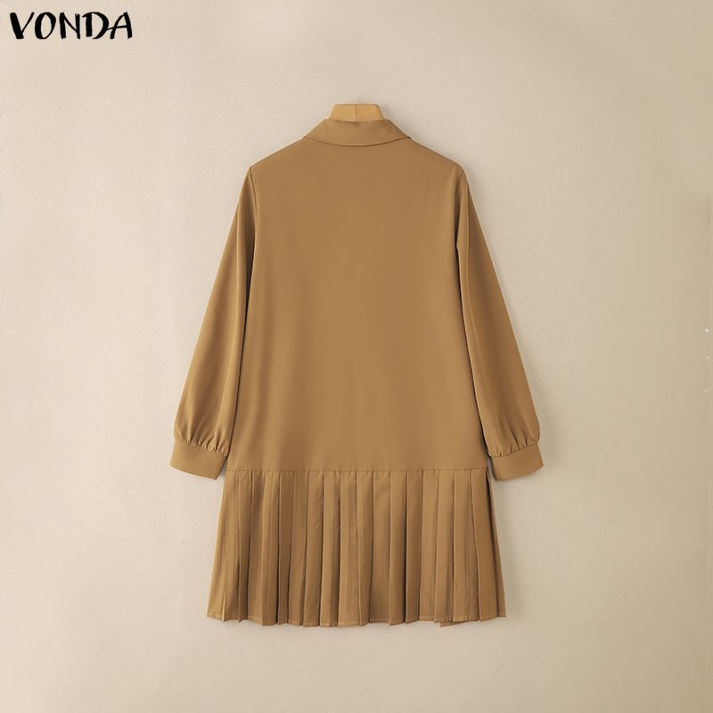 VONDA ผู้หญิงเสื้อสีทึบเกาหลี, แขนยาวแขนพองและชุดเดรสยาว Hem — صورة 8