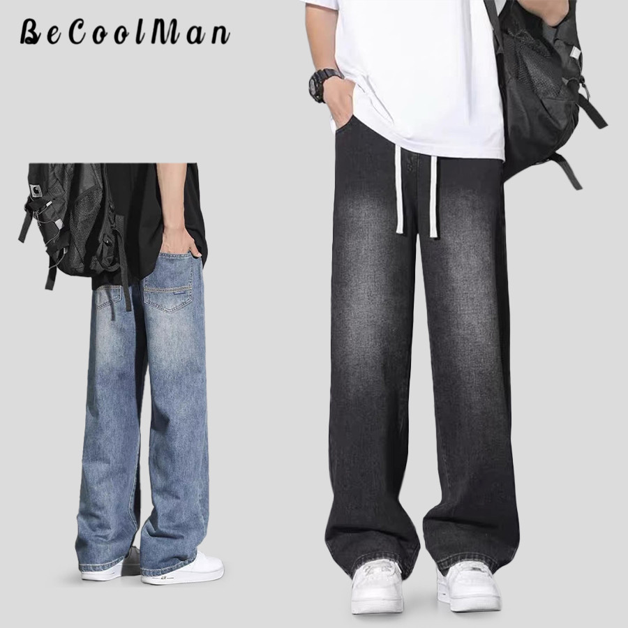 BecoolMan กางเกงยีนส์ทรงตรงสำหรับผู้ชาย เอวยางยืด เชือก Drawstring สามสีตัวเลือก ไซส์ใหญ่ เอนกประสงค์ เทรนด์แฟชั่น