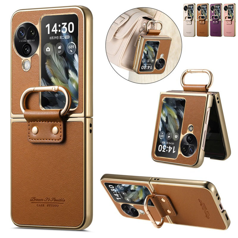 ซองหนังเรียบง่ายสําหรับ OPPO Find N3 Flip N2 Flip Ring Holder Electroplated กรอบผิวรู้สึกกันกระแทกปก