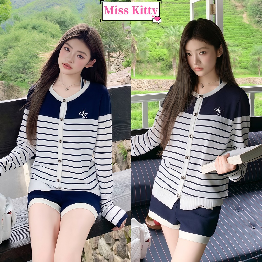 🎀Miss Kitty เสื้อแขนยาว คาร์ดิแกน ลายทาง สไตล์เกาหลี ผ้าใส่สบาย เข้ารูป