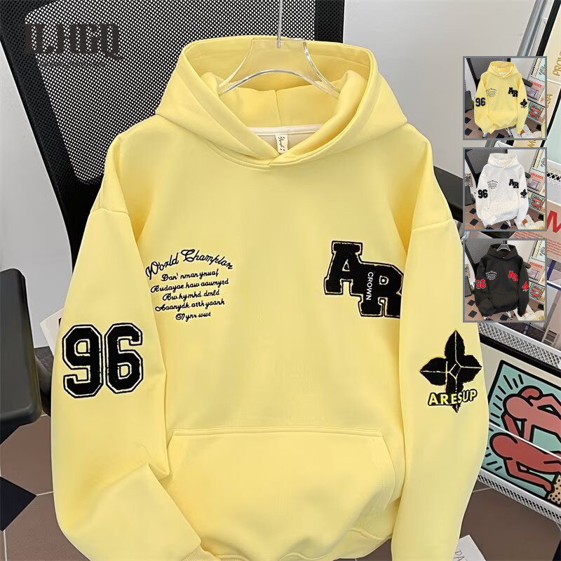 TLHGQ เสื้อฮู้ดสีเหลืองพร้อมลายพิมพ์และโลโก้ R96, สตรีทแวร์สวมใส่ง่ายสำหรับทุกเพศ