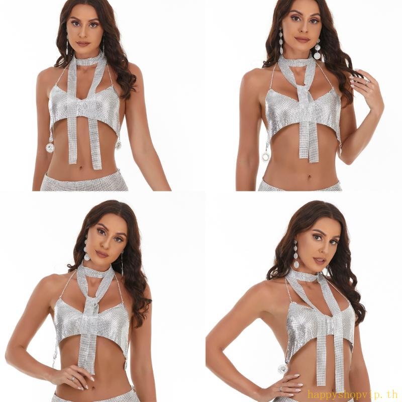 HSV Sequins Halter แบบลึก V คอด้านหลังเปิด สำหรับงานปาร์ตี้และ rave