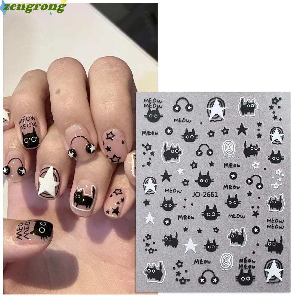ZENGRONG สติ๊กเกอร์ติดเล็บแมวดํา, Y2K DIY Cat Sliders Nail Arts, Kawaii Nail Accessories การ์ตูนกาวตกแต่งเล็บเล็บเครื่องมือ