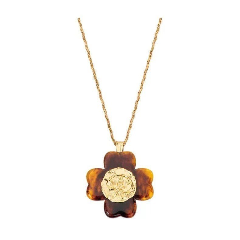 สมาร์ท Retro Four-Leaf Clover หรูหราเรซิ่น Series Niche Amulet เหรียญทองสร้อยคอยาว HR1K