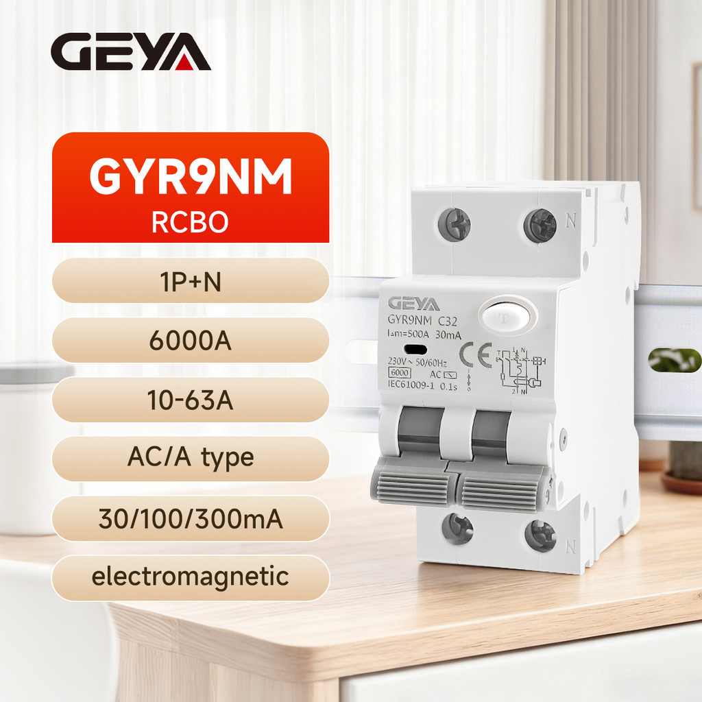 GEYA GYR9NM AC/A ประเภท 6kA แม่เหล็กไฟฟ้า 10/16A/25A/40A RCBO 1P + N MCB Over Current ป้องกันการรั่ว