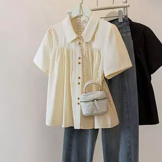 [เสื้อเชิ้ตโอเวอร์ไซส์] (40-150kg) ผู้หญิง แขนสั้น คอปกโปโล เสื้อเบลาส์ ท็อปส์ซู พลัสไซส์ น่ารัก ลำลอง หลวม Tshirt
