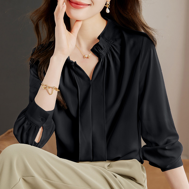Simple V คอภาษาฝรั่งเศสคําเสื้อผู้หญิงฤดูใบไม้ร่วงสไตล์ใหม่แขนยาว Ruffled Slimmer ดูชีฟอง Top