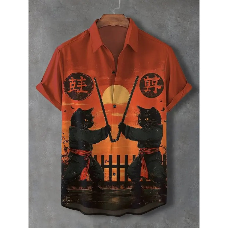 เสื้อแขนสั้น menswear ลายพิมพ์ 3D แมวญี่ปุ่นและเอโดะซามูไร สไตล์ยีโรค เหมาะสำหรับชายหาด