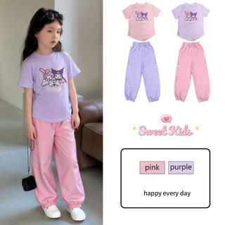 SweetKids พร้อมส่งจากกทม🌸ชุดเซ็ทเด็กแฟชั่น🍓ชุดเด็กผู้หญิงสบายๆ เสื้อแขนสั้น+กางเกงคาร์โก้ พิมพ์ลายการ์ตูนน่ารัก ใส่สวย