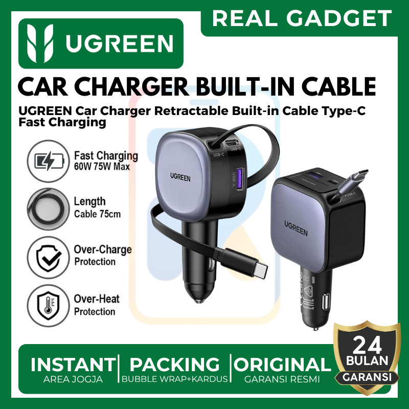UGREEN Car Charger สายเคเบิลในตัว Type C Retractable Fast Charging 60w 75w 90w - REAL GADGET