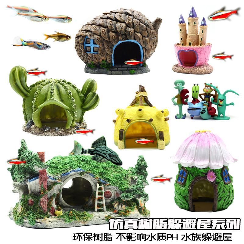 菠萝屋水族鱼缸造景仓鼠卡通公仔摆躲避屋海绵宝宝树脂躲避罐窝Pineapple House Aquarium Landscape Hamster Cartoon Doll20251031