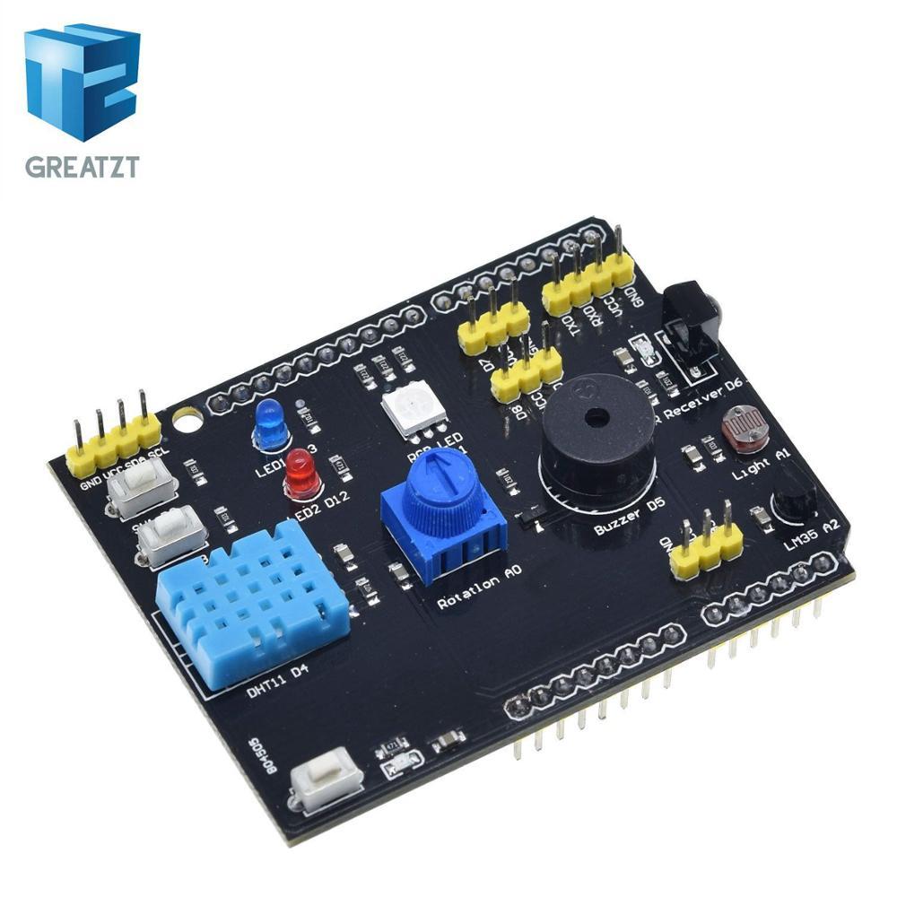 DHT11 LM35 อุณหภูมิความชื้นเซนเซอร์มัลติฟังก์ชั่นขยายอะแดปเตอร์สําหรับ Arduino UNO R3 RGB LED IR ตัว