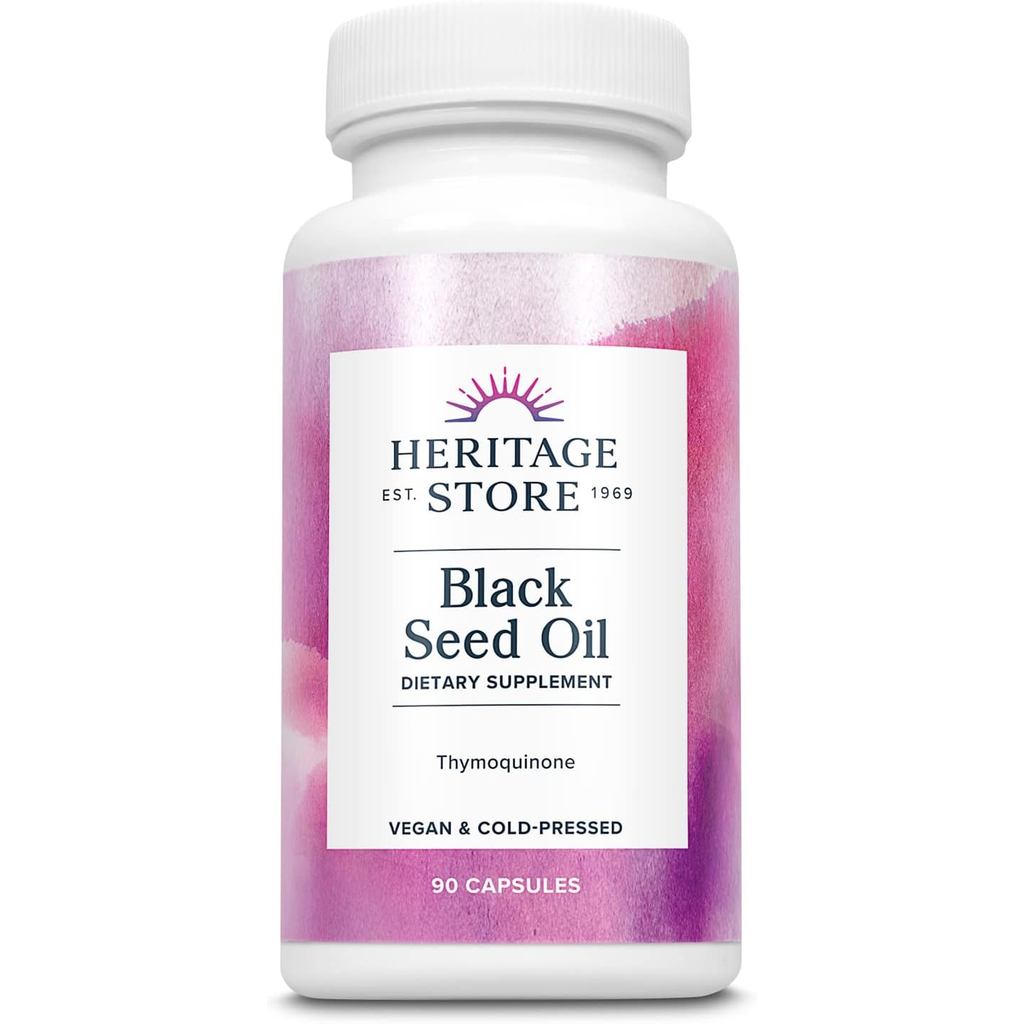 HERITAGE STORE Black Seed Oil Liquid Capsules 650mg, Nigella Sativa Oil อาหารเสริมพร้อม Thymoquinone