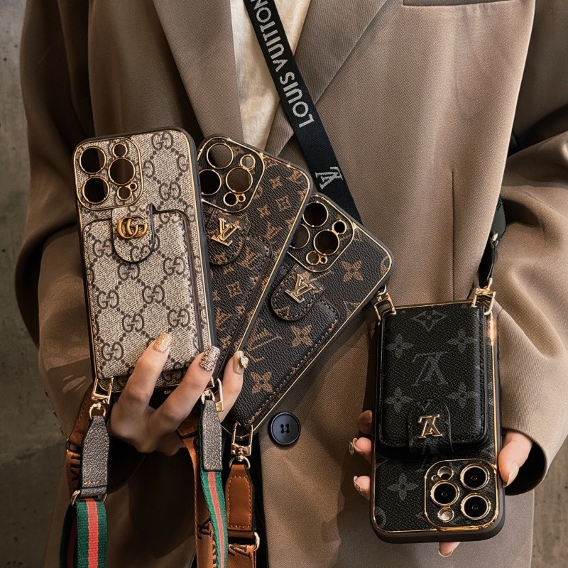 เชือกเส้นเล็กCrossbodyหนังผู้ถือบัตรเคสโทรศัพท์สําหรับIPhone 16 Pro Max 15 14 Plus 13 12 Promax 11 16promax 15promax 14Promaxโลโก้แบรนด์ฝาครอบป้องกัน