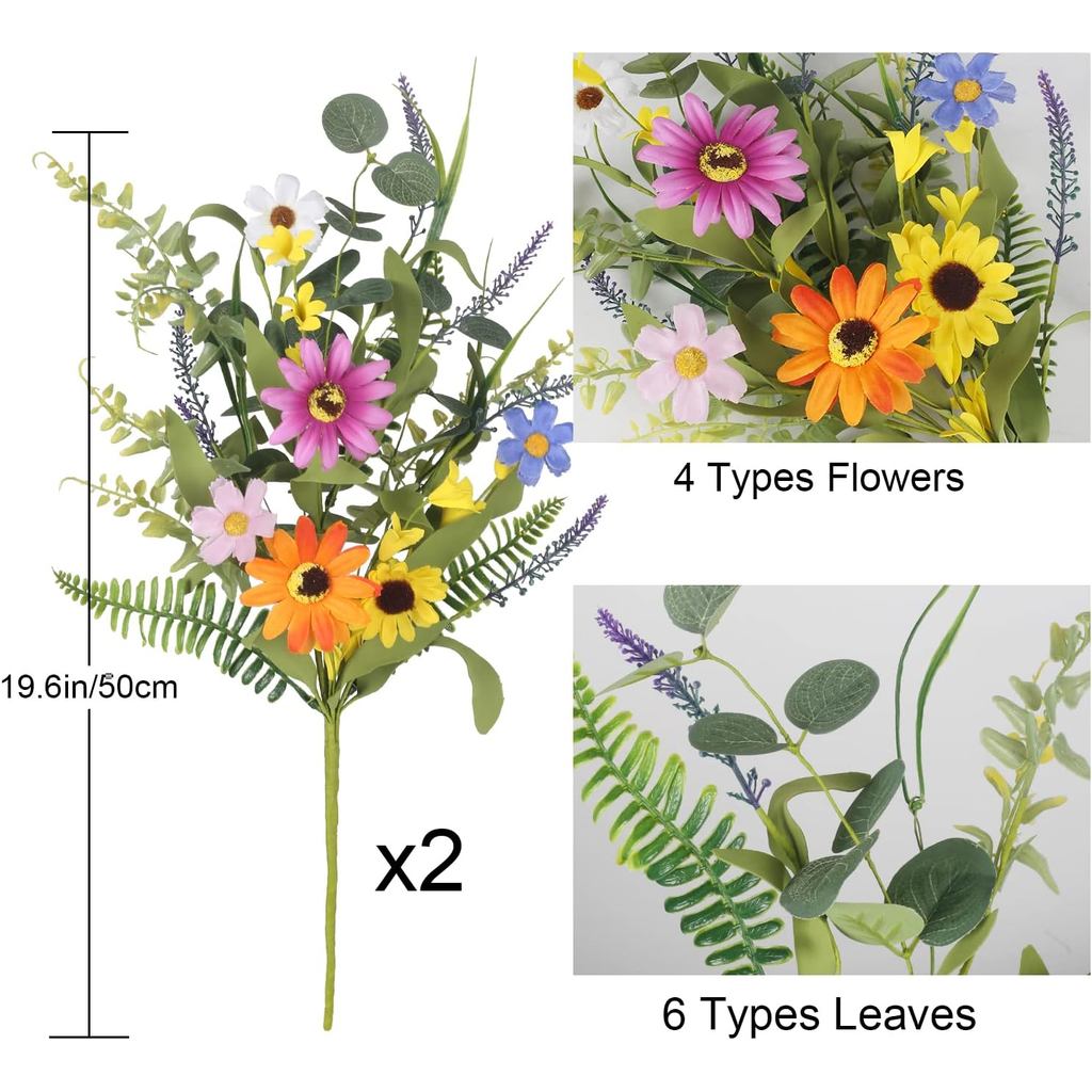 GTIDEA 2 Bundles Artificial Daisy Flowers Fake Silk Spring Flowers Colorful Flowers Fake Wildflowers