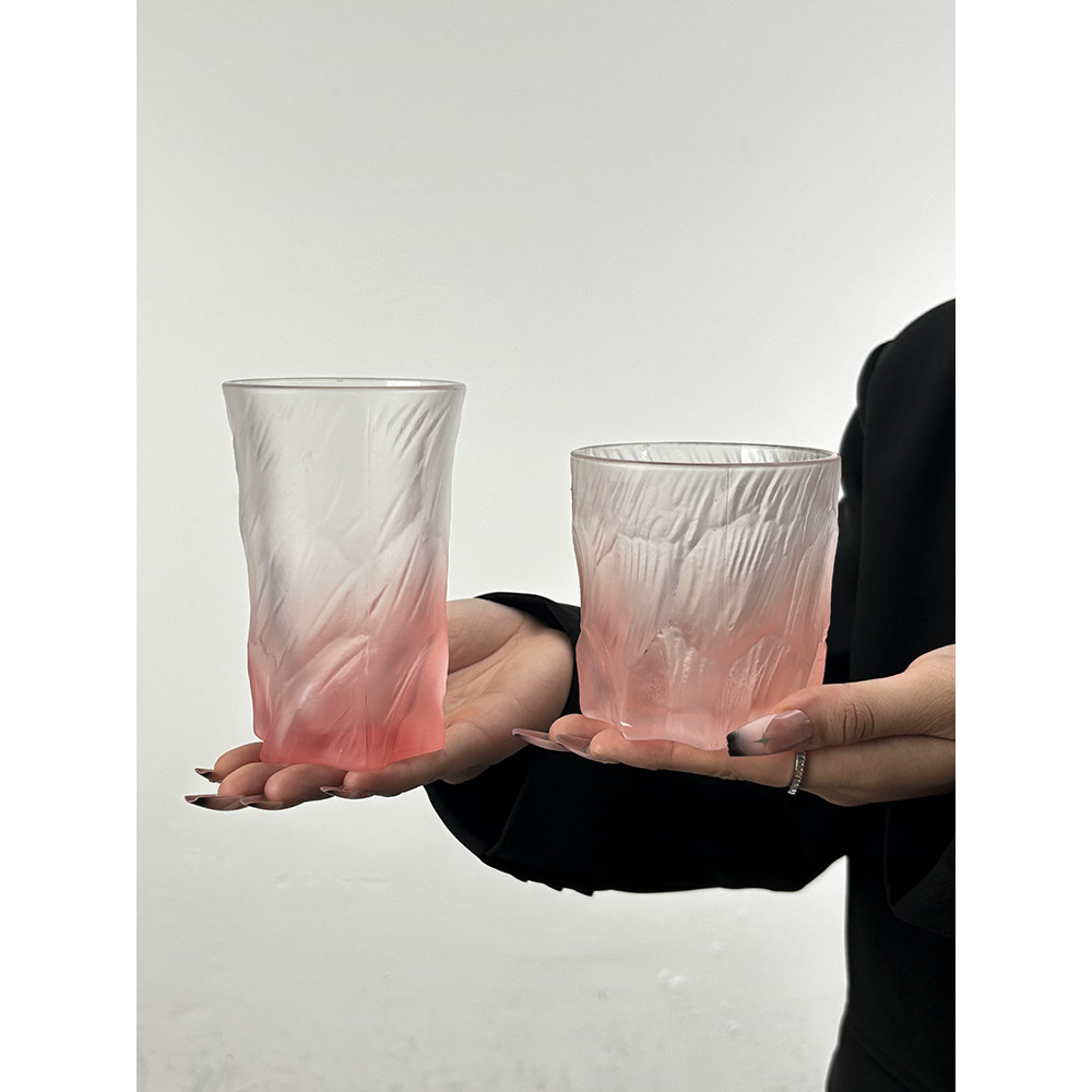 บ้องแก้ว tumbler ถ้วยแก้วใสฝ้าสีชมพู