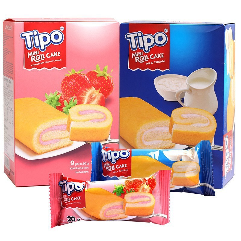 เวียดนามนําเข้า Tipo มินิเค้กม้วน 0g สตรอเบอร์รี่/รสนมอาหารเช้าบรรจุ Hunger Swiss Roll Pastry Pastry