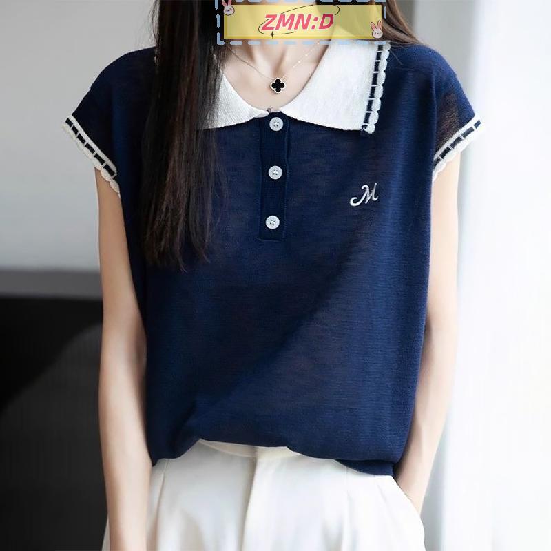 ZMN:D เกาหลี Contrast Letter เย็บปักถักร้อยแขนสั้น Casual อเนกประสงค์ถักเสื้อยืดผู้หญิงสไตล์วิทยาลัย