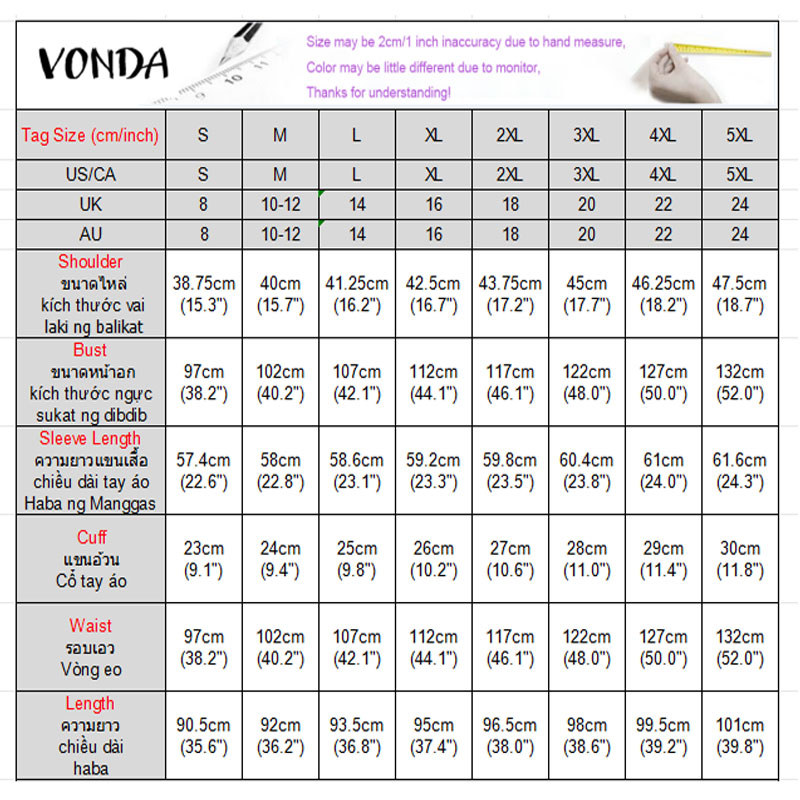 VONDA ผู้หญิงเสื้อสีทึบเกาหลี, แขนยาวแขนพองและชุดเดรสยาว Hem — صورة 2