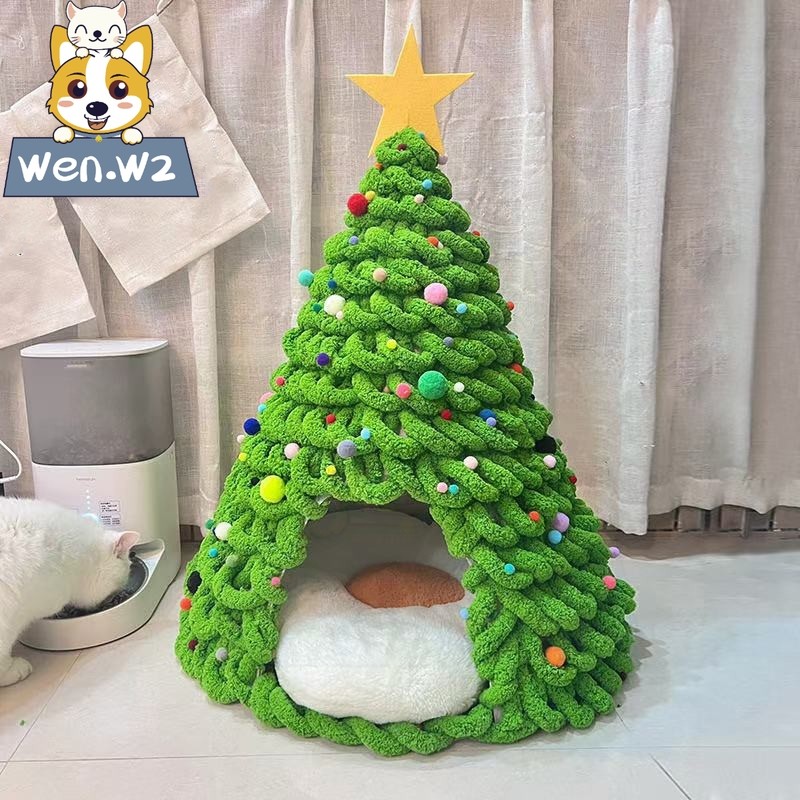 wen.W2 บ้านแมวต้นคริสต์มาสประดิษฐ์ประกอบด้วยวัสดุสัตว์เลี้ยงหางแมวทำเอง และรักษาความอบอุ่นของฤดูหนาวฝาปิดสุนัข