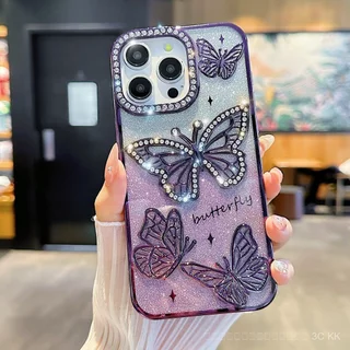 กันกระแทก iPhone ลายผีเสื้อปะดับคริสตัลทรงนูน พื้นผิวสีเงินแวววาว สำหรับ 17/15/14/13 Pro Max/Plus