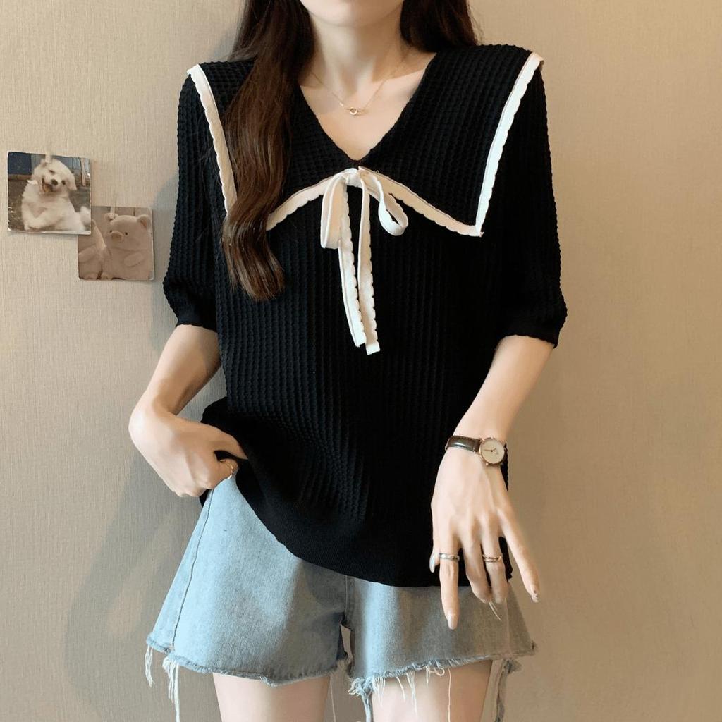 เสื้อไซส์บวกผู้หญิง สไตล์ฝรั่งเศส ผ้าไหมน้ำแข็ง ผูกโบว์ คอปีเตอร์พัน เหมาะสำหรับทุกโอกาส