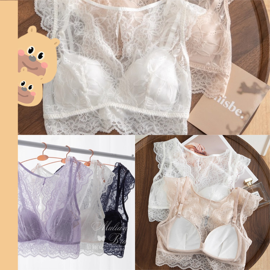 🎀bearbra🎀ชุดชั้นในสีดำ บราลูกไม้เซ็กซี่ ชุดชั้นในลายลูกไม้ ทรงสามเหลี่ยม ผ้ายืดหยุ่นระบายอากาศดี บาง