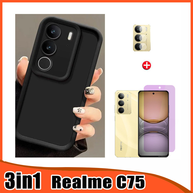 Realme C75 TPU ซิลิโคนเคสโทรศัพท์สําหรับ Realme C85 Pro C75 C71 3in1 ฟิล์มกระจกนิรภัย + ฟิล์มเลนส์
