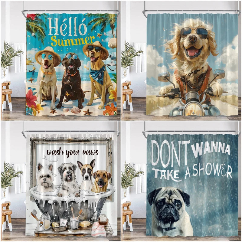 Funny Dog Shower Curtain Animal Print Hello Summer Home Decoration for Bathroom Polyester Fabric Bat