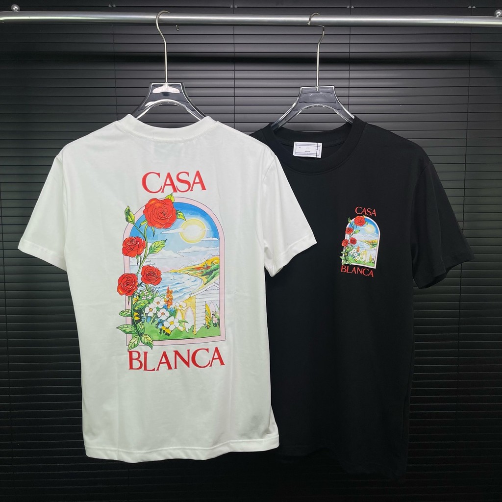 European Goods Casa Casa เสื้อยืดแขนสั้นผู้ชายผู้หญิงสไตล์เดียวกันด้านหน้าด้านหลังพิมพ์ลาย Rose All-